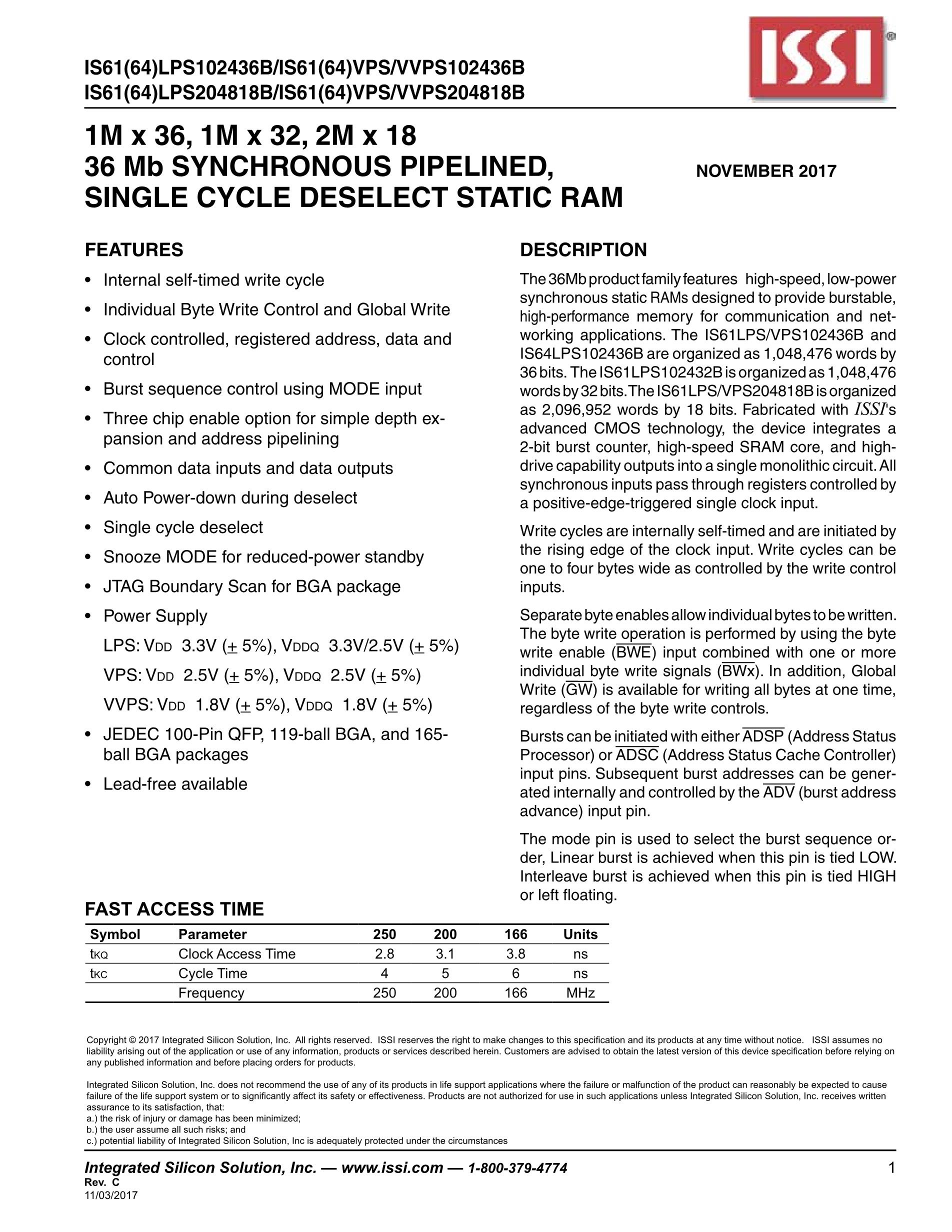 IS61LPD102418A-200B3I's pdf picture 1
