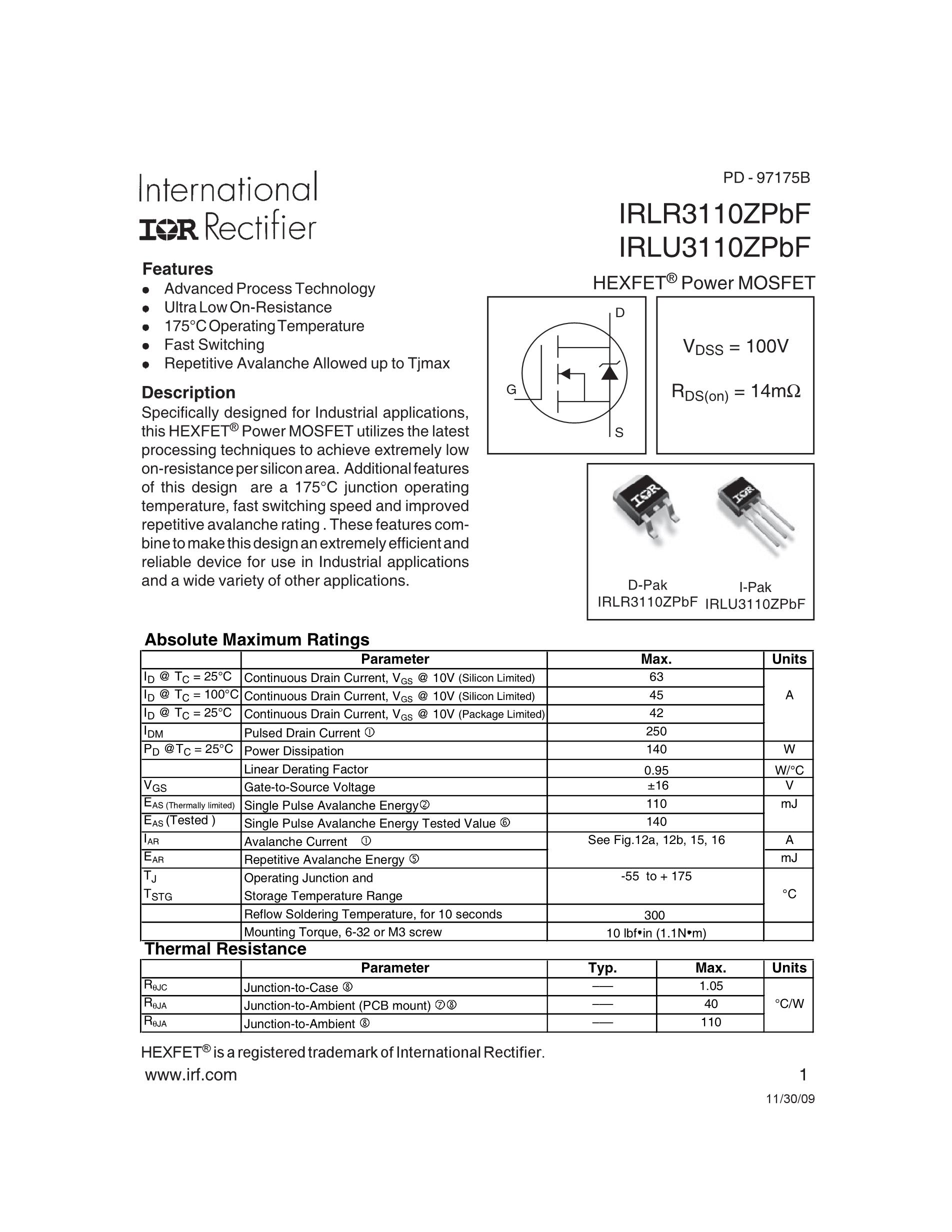 IRLR3110ZTRPBF's pdf picture 1