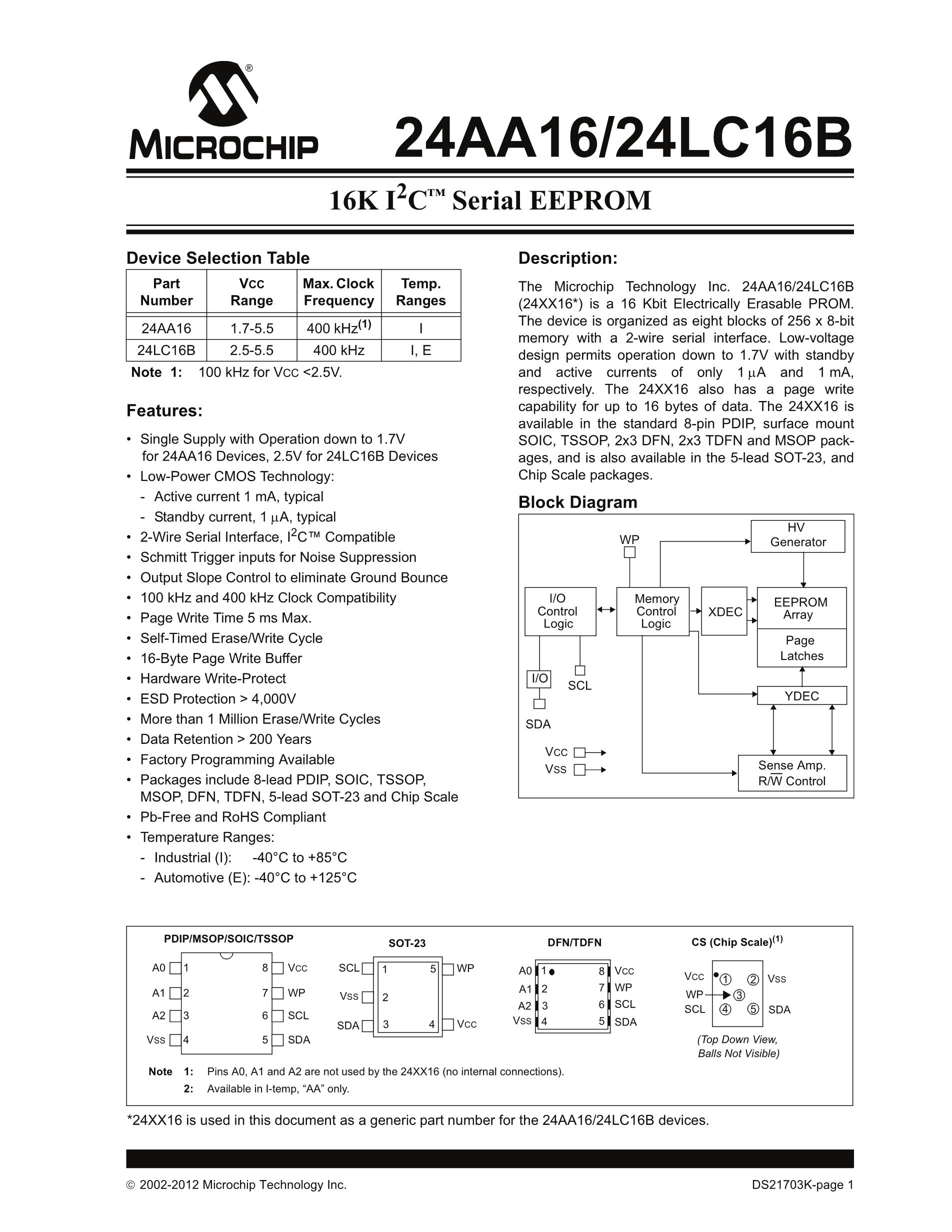 24LC16B-E/SN16KVAO's pdf picture 1