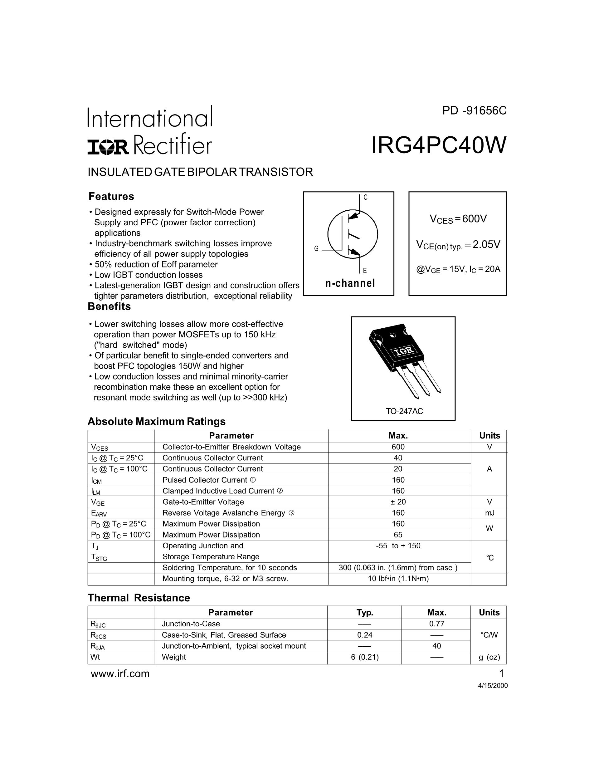 IRG4PC40W 27A600V TO247 G4PC40W's pdf picture 1