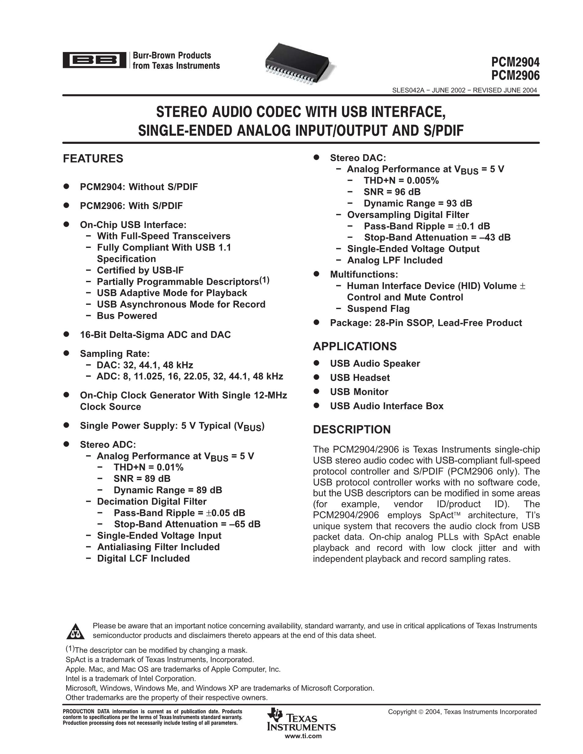 PCM2904DBRG4's pdf picture 1